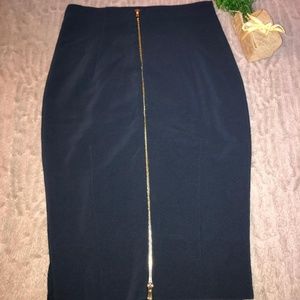Navy Blue Pencil Skirt with Gold Zipper In Back